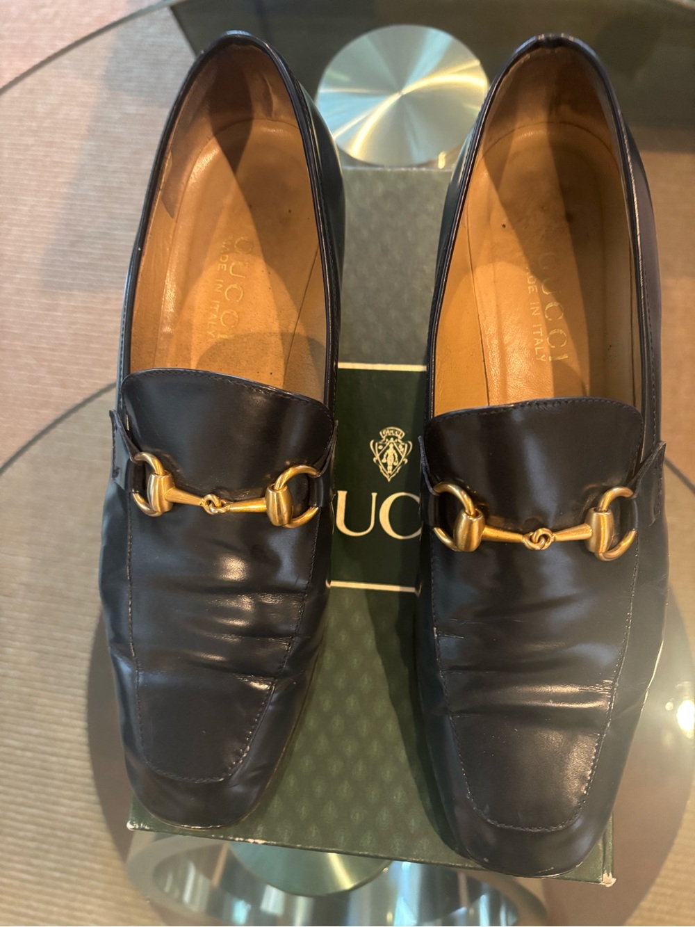 Gucci Navy Leather Horsebit Slip-On Loafers